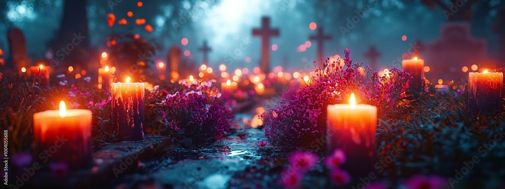 horizontal image of a dark cemetery background with candles for All Souls Day, halloween, banner, design, social media, Día de Muertos, copy space horizontal image of a dark cemetery background with candles for All Souls Day, halloween, banner, design, social media, Día de Muertos, copy space
