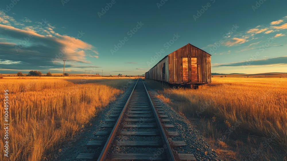 Golden fields and an abandoned train car under a vibrant sky at sunset Golden fields and an abandoned train car under a vibrant sky at sunset