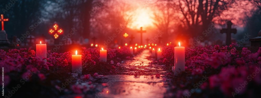 horizontal image of a sunset cemetery background with candles for All Souls Day, halloween, banner, design, social media horizontal image of a sunset cemetery background with candles for All Souls Day, halloween, banner, design, social media