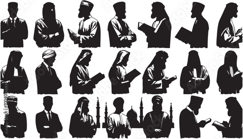 Collection of Muslim Arab man silhouette vector illustration black and white art design
