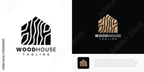 Wooden house logo design vector illustration. House wood grain texture logo icon.