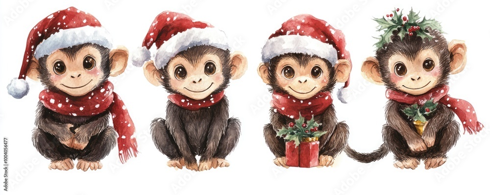 Fototapeta premium Cute Watercolor Monkeys in Christmas Festive Attire