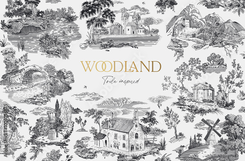 Horizontal card. Woodland. Toile inspired. Vector vintage illustration. Black and white. 