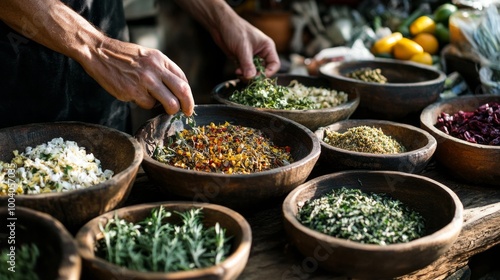 A person is preparing a salad with a variety of herbs and spices