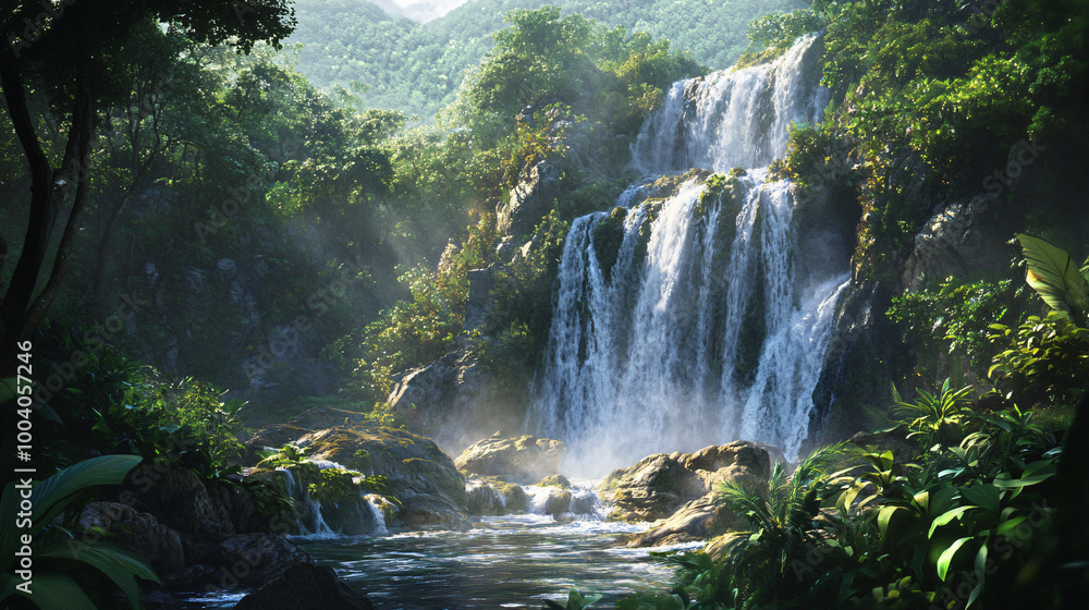A waterfall cascading down a rocky cliff surrounded by lush greenery. A waterfall cascading down a rocky cliff surrounded by lush greenery.