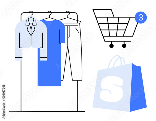 Clothes hanging on a rack and a shopping cart with number three indicate online shopping. Shopping bag showcases completion of purchase. Ideal for e-commerce online shopping clothing stores digital