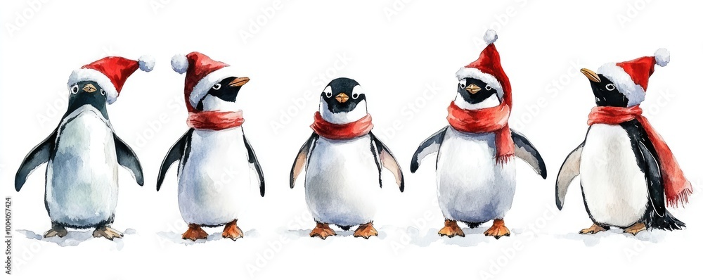 Obraz premium Whimsical Watercolor Penguins in Christmas Attire