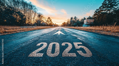 An expansive road heads into the distance flanked by trees, with '2025' at the forefront, representing the journey towards achieving future dreams and ambitions.