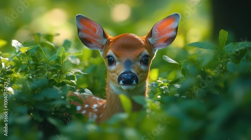 a young deer fawn peeks curiously through lush green bushes in a tranquil forest capturing a moment of innocence and beauty in nature ideal for wildlife photography