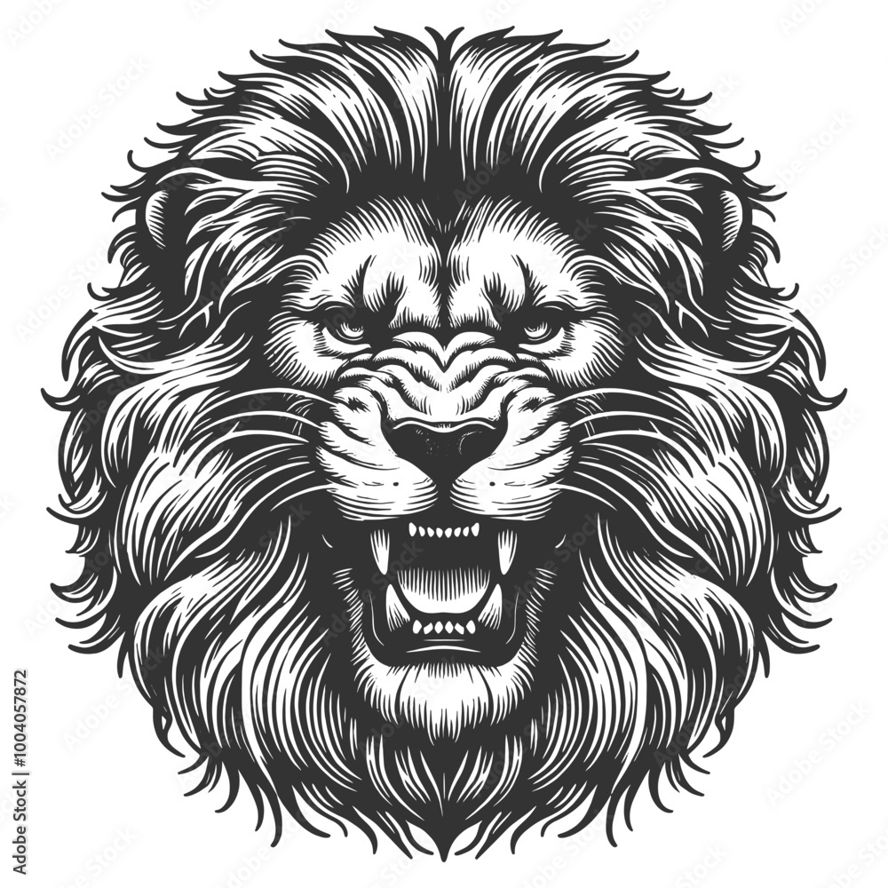 Obraz premium Fierce Lion Head Roaring tattoo growling sketch engraving generative ai vector illustration. Scratch board imitation. Black and white image.