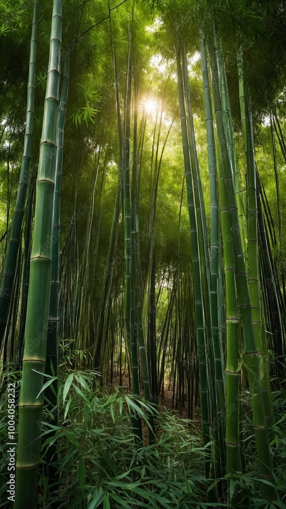 Dense bamboo forest with tall, green bamboo stalks reaching up towards sky. Sunlight filters through bamboo, creating serene and peaceful atmosphere Dense bamboo forest with tall, green bamboo stalks reaching up towards sky. Sunlight filters through bamboo, creating serene and peaceful atmosphere