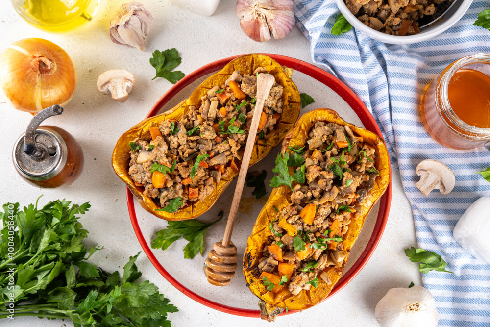 Baked stuffed butternut pumpkin, oven or grill roasted butternut squash with beef and vegetable Baked stuffed butternut pumpkin, oven or grill roasted butternut squash with beef and vegetable