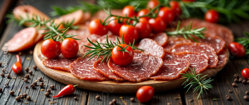 Tagliere di Salumi con Pomodorini e Erbe Aromatiche su Sfondo Rustico photo