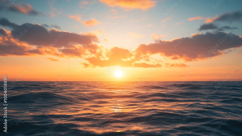 Obraz premium A stunning sunset paints the sky over the ocean. Colorful clouds drift across the horizon as the sun dips below the waves, creating a beautiful and awe-inspiring sight.