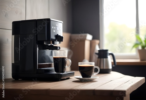 A coffee machine with two cups of freshly brewed coffee on a wooden table, with a blurred background