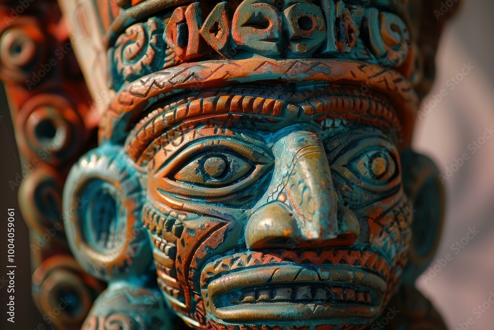 Mayan statue with intricate carvings, made of stone and painted in bright colors Mayan statue with intricate carvings, made of stone and painted in bright colors
