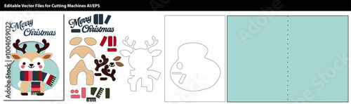 A cute Christmas card design featuring a reindeer with a colorful scarf, editable elements for cutting machines. Ideal for creating festive cards or holiday crafts.