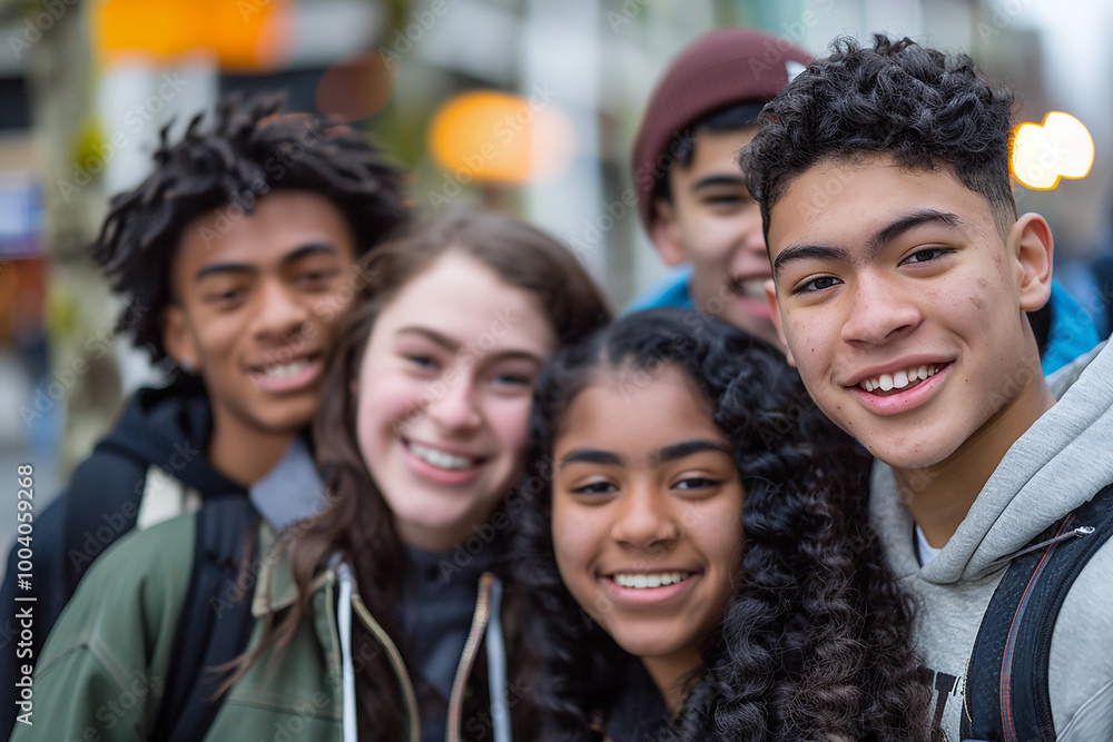 A group of multiracial high school students in downtown Seattle A group of multiracial high school students in downtown Seattle