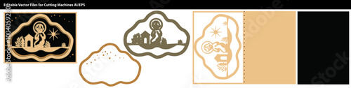 A nativity scene card design featuring Mary and baby Jesus under the star with a minimalist cut-out style, perfect for creating Christmas cards or religious crafts.