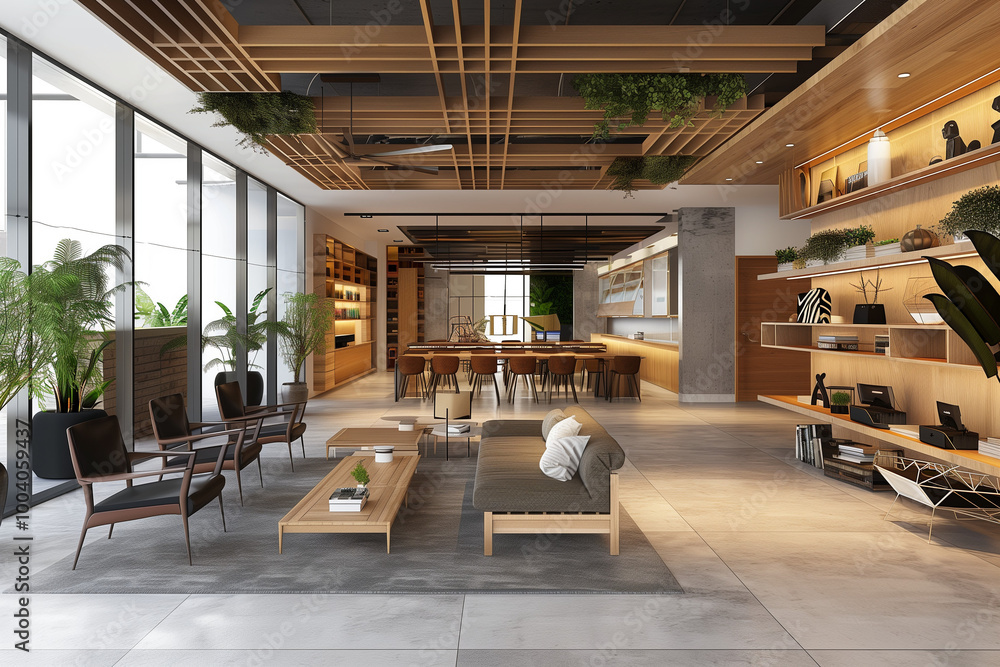 Modern Office Interior Design with Empty Wall Mockup in 3D Rendering for Professional Workspace Modern Office Interior Design with Empty Wall Mockup in 3D Rendering for Professional Workspace
