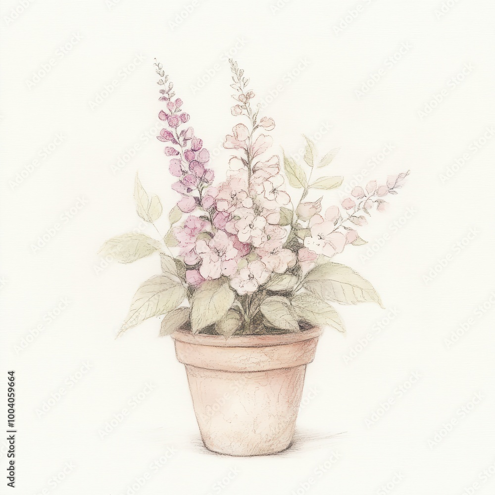 A delicate illustration of a flowering plant in a terracotta pot. A delicate illustration of a flowering plant in a terracotta pot.