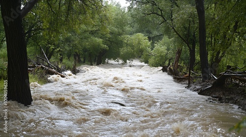 A powerful torrent of water surging through a dense forest, uprooting trees and sweeping away debris, with the force of the flash flood visible in the turbulent currents and scattered branches  photo