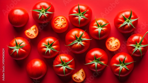 A background composed of fresh red tomatoes, healthy vegetables, and a healthy diet