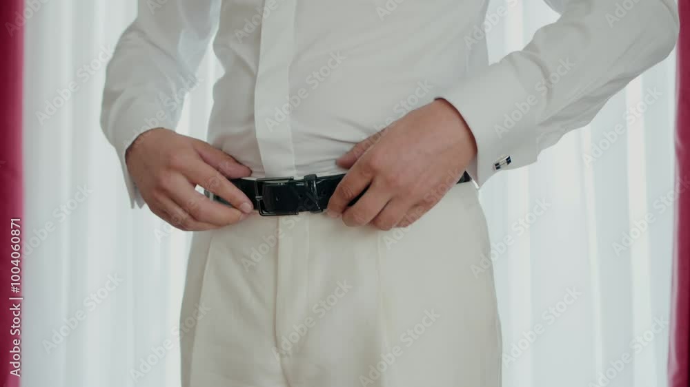 groom tightening his black belt over a white suit with a plain white shirt in preparation for his wedding groom tightening his black belt over a white suit with a plain white shirt in preparation for his wedding