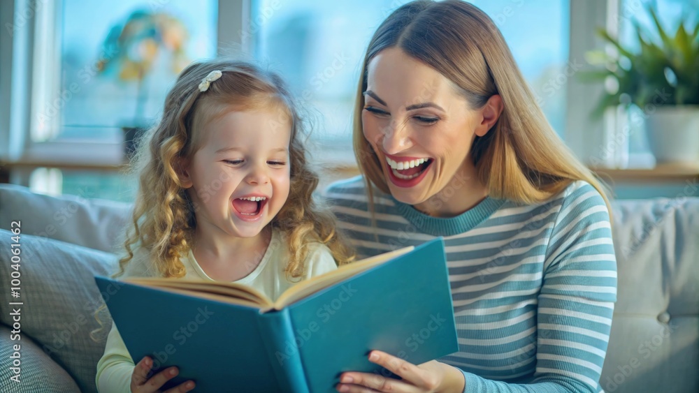 Preschool age girl laugh happily while sitting with her mom reading a story book at sofa Preschool age girl laugh happily while sitting with her mom reading a story book at sofa
