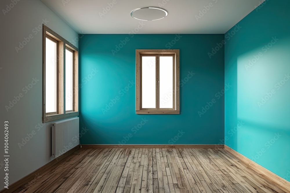 Blue Turquoise Wall with Wooden Floor and Window Glare - Interior Background for Presentations Blue Turquoise Wall with Wooden Floor and Window Glare - Interior Background for Presentations