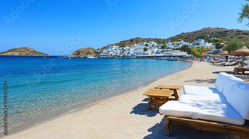 An image of the charming Gialos beach in Ios, Greece, with tables, seats, and beach couches photo