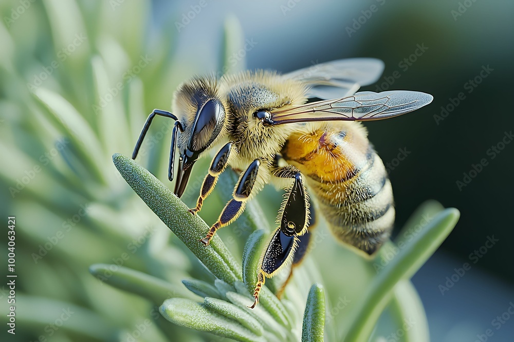 Naklejka premium Close-up of a bee resting on a lavender plant in bright sunlight