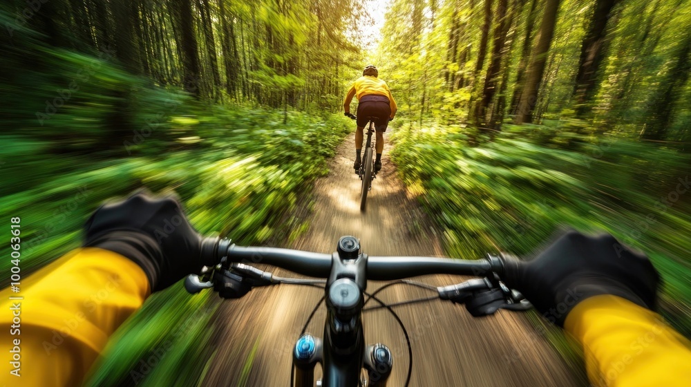 A cyclist rides through a sunlit forest trail, showcasing adventure and nature. A cyclist rides through a sunlit forest trail, showcasing adventure and nature.