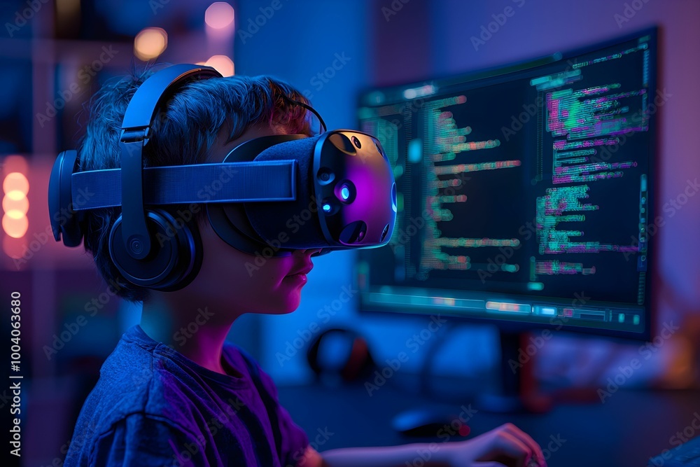 Child using virtual reality headset while programming at home Child using virtual reality headset while programming at home