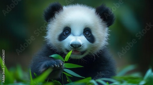 adorable baby panda interacting playfully with a sprig of leafy plants set against a simple background highlighting the cuteness and charm of the young creature