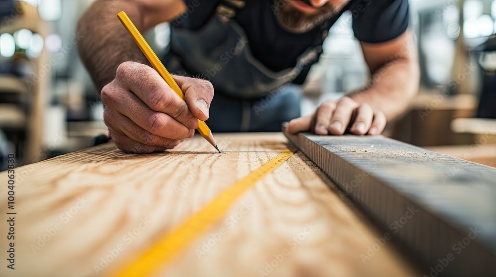 Obraz premium Detailed shot of a carpenter measuring wood, marking precise lines with a pencil and ruler before making cuts for a furniture project.