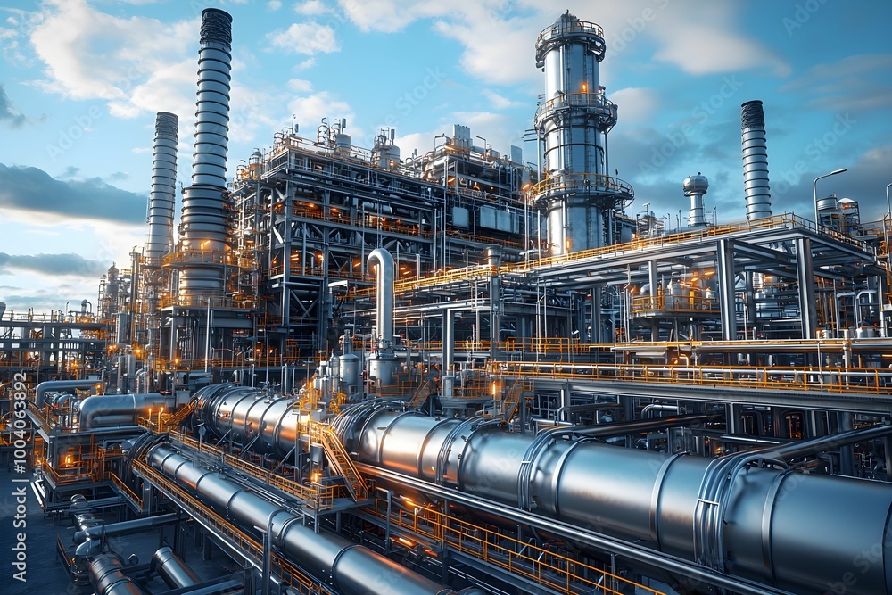 Industrial refinery complex at dusk with pipelines and towers Industrial refinery complex at dusk with pipelines and towers