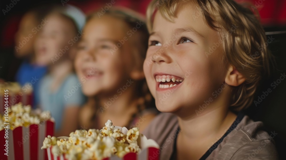 Children of various ages sitting in rows of movie theater seats, attentively watching a film on the big screen. Children of various ages sitting in rows of movie theater seats, attentively watching a film on the big screen.