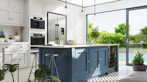 Modern Kitchen with Outdoor Terrace and Swimming Pool