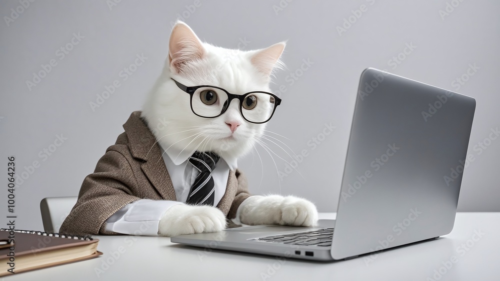 Secretary Cat - A white cat wearing a white shirt and coffee suit, operating a laptop in the office Secretary Cat - A white cat wearing a white shirt and coffee suit, operating a laptop in the office