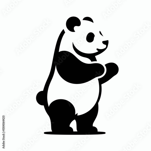 Black and white whimsical panda bear eating bamboo sitting on a branch near water silhouette,  panda on a white background. panda silhouettes design vector art illustration photo