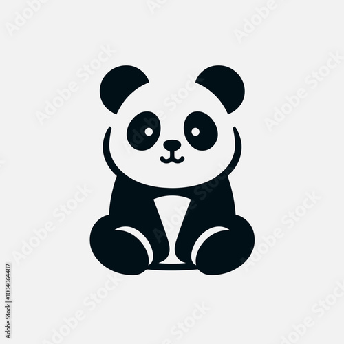 Black and white whimsical panda bear eating bamboo sitting on a branch near water silhouette,  panda on a white background. panda silhouettes design vector art illustration