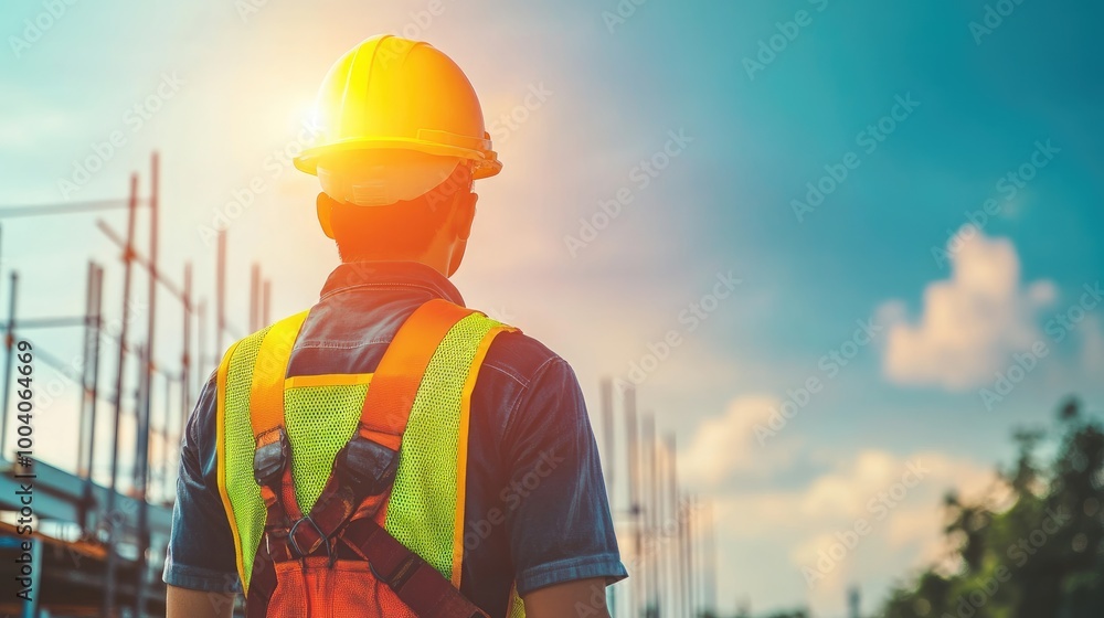 Worker wearing a safety harness, working on scaffolding at great heights on a building project. Worker wearing a safety harness, working on scaffolding at great heights on a building project.