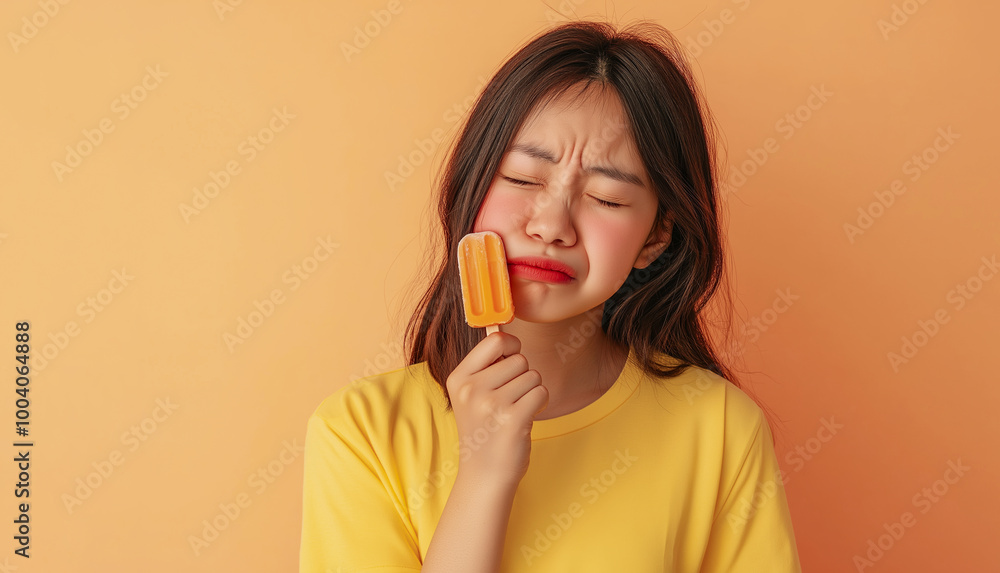 Young girl wincing from tooth sensitivity while holding an orange popsicle, against matching orange background, expressing discomfort from the cold treat Young girl wincing from tooth sensitivity while holding an orange popsicle, against matching orange background, expressing discomfort from the cold treat