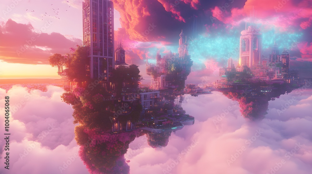 Obraz premium An otherworldly urban environment suspended above the ground on a colorful, swirling cloud, featuring unique architecture that appears to defy gravity, encapsulating the essence of innovative 