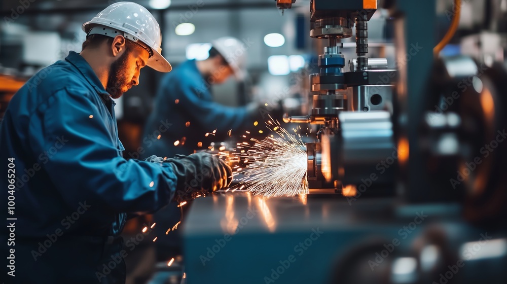Skilled workers performing metal fabrication and welding in a modern manufacturing facility Skilled workers performing metal fabrication and welding in a modern manufacturing facility