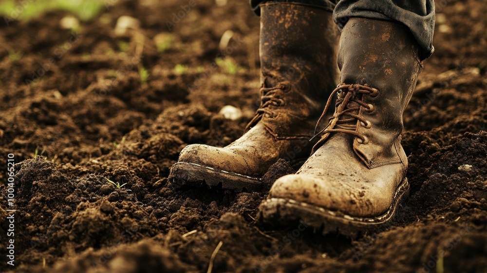 A close-up of muddy work boots standing on rich soil, indicating agricultural activity. A close-up of muddy work boots standing on rich soil, indicating agricultural activity.