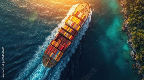 aerial drone view of a cargo ship navigating the open sea showcasing the logistics of import and export with clear blue waters and a sense of global connection