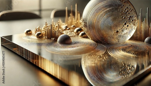 Golden Waves and Spheres: Abstract Digital Art in Luxurious Design