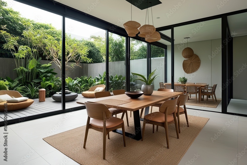 Fototapeta premium Tranquil Zen Dining Area Setup with Airy Atmosphere and Modern Design